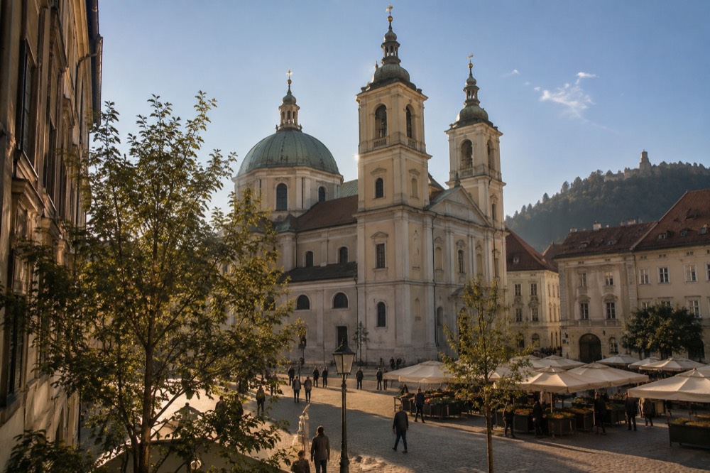 The cathedral facade and bell towers seen from a market square in morning light