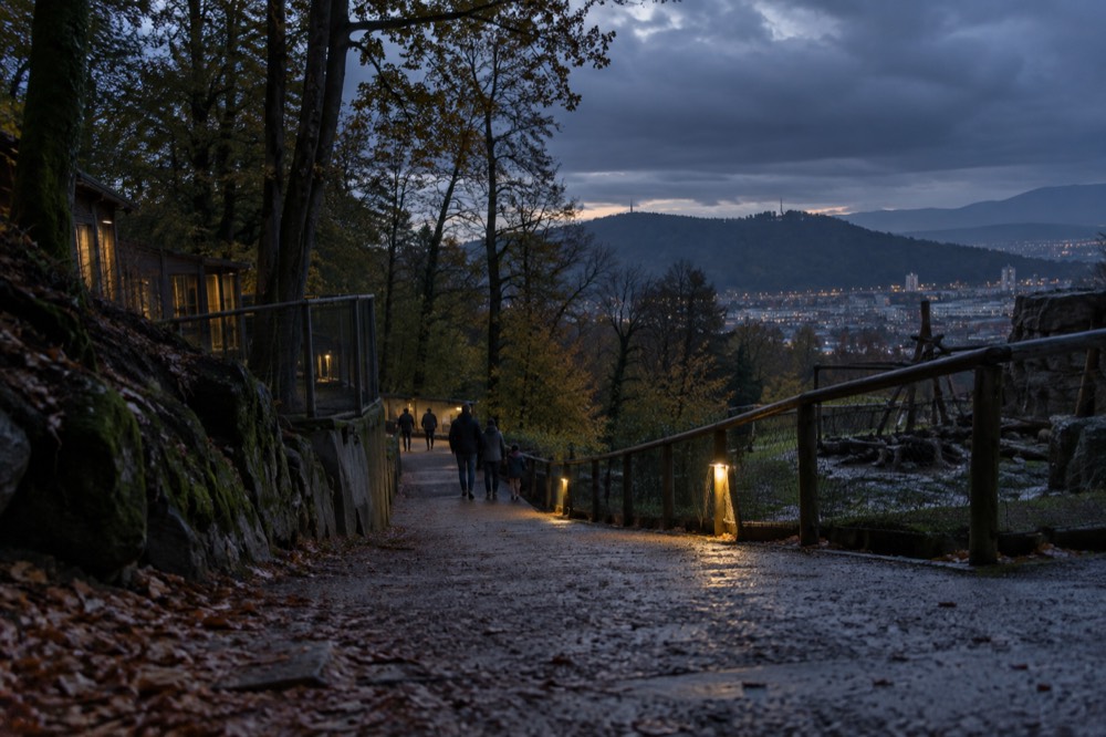 Rain clouds gathering over a forested hill above a city skyline