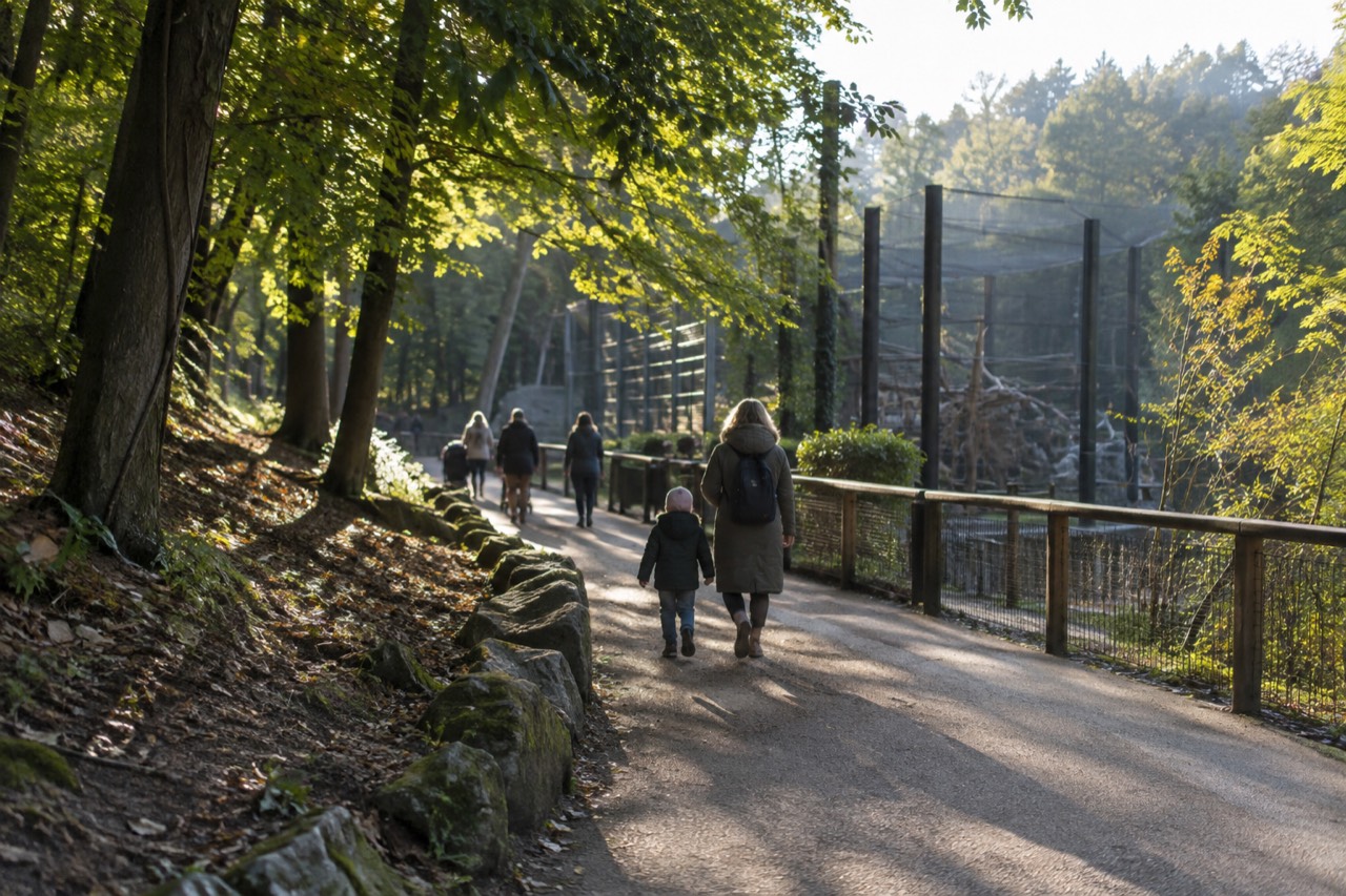 Tree-lined path on the green edge of a city park leading toward zoo enclosures