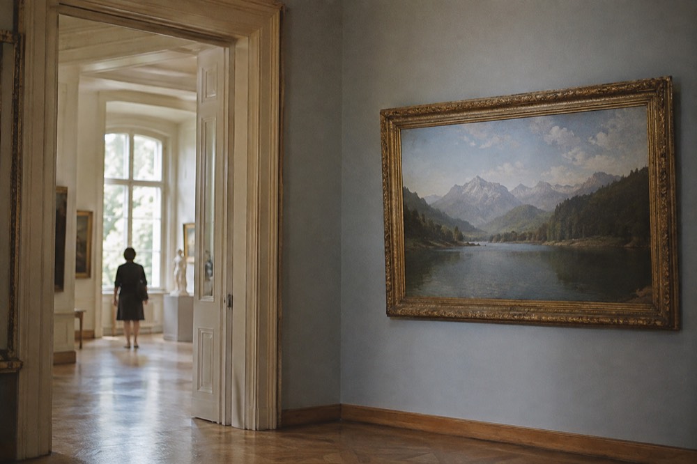 Painted alpine landscape of a lake and mountains hanging on a gallery wall