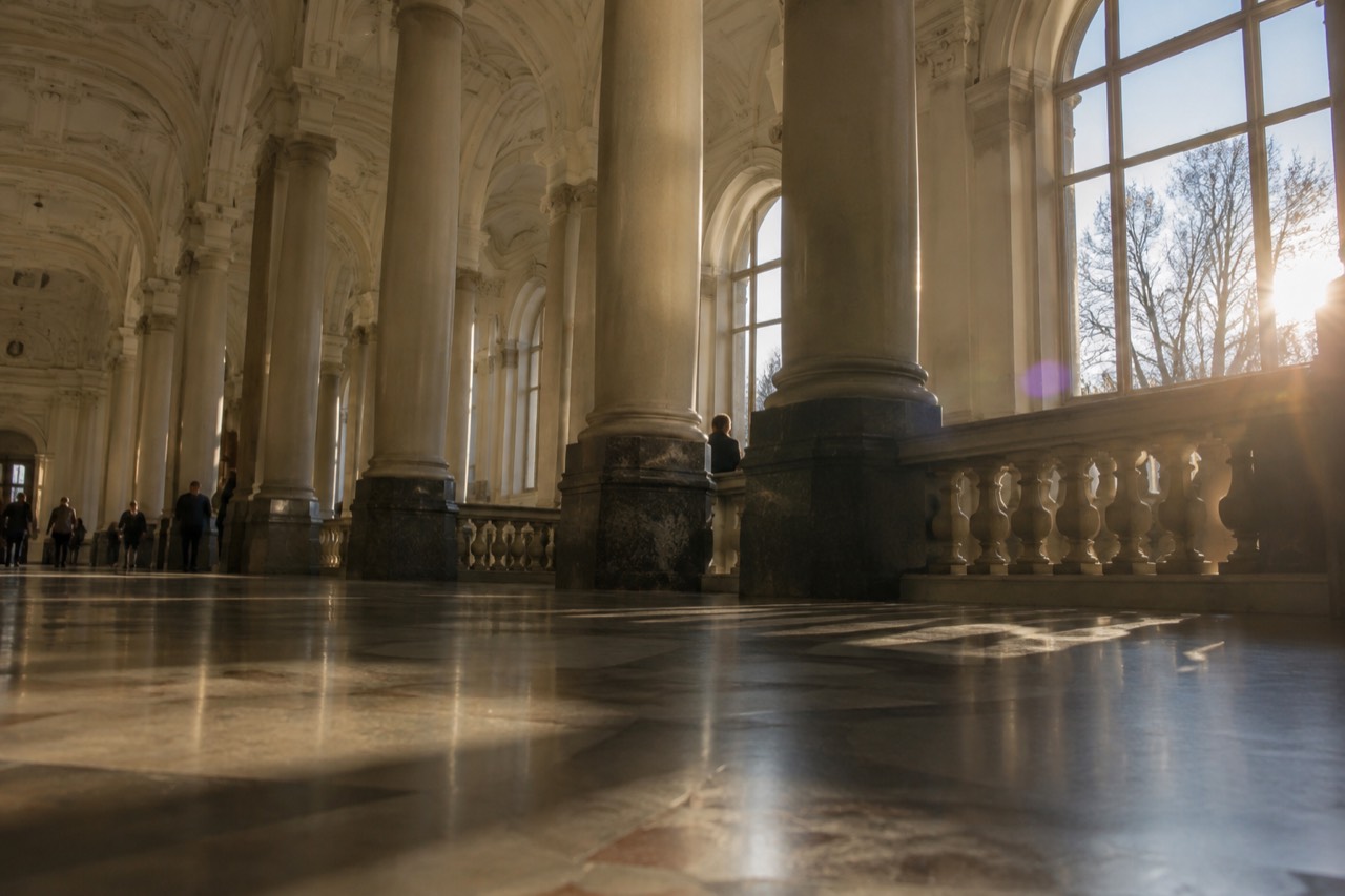 Classical gallery hall with paintings hung on the walls under natural light
