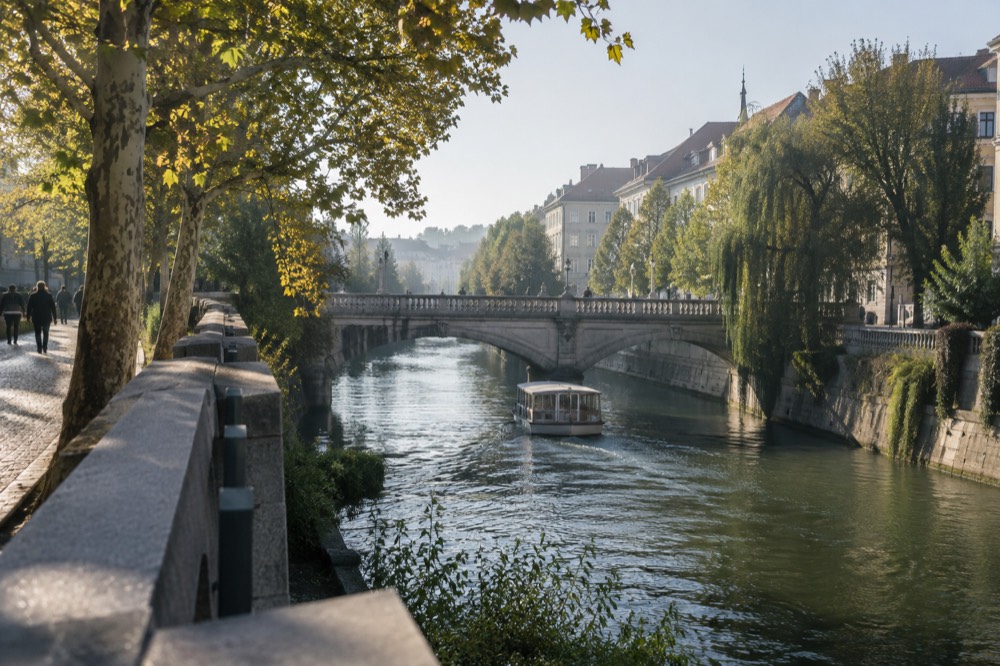 Small passenger boat on a river passing under a stone bridge in a city centre