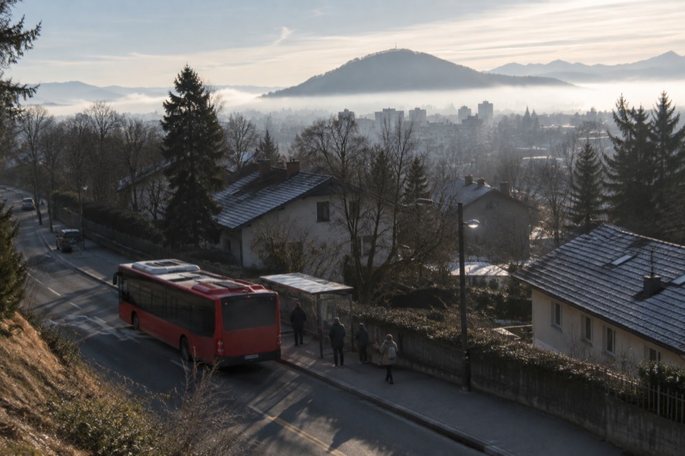 A red city bus at a stop beside a residential street on Ljubljana's northern edge
