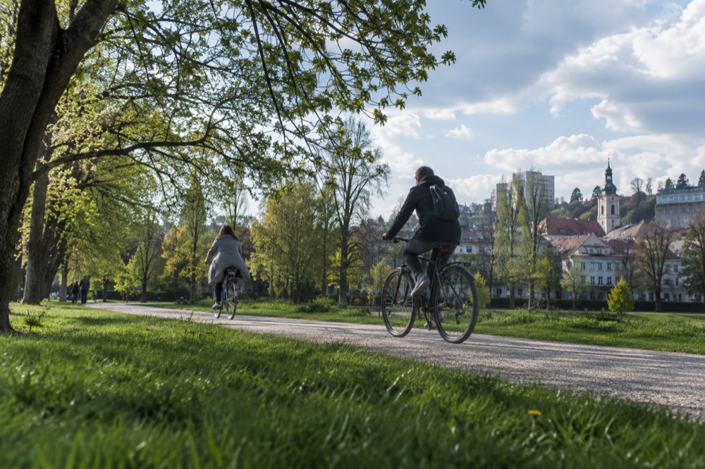 Cyclists on a flat path beside a park lawn with the city skyline behind