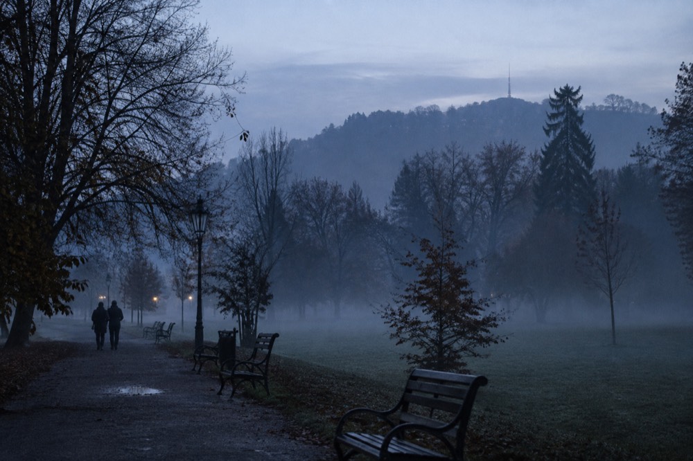 Morning mist lying over park lawns with tree silhouettes and a hillside beyond