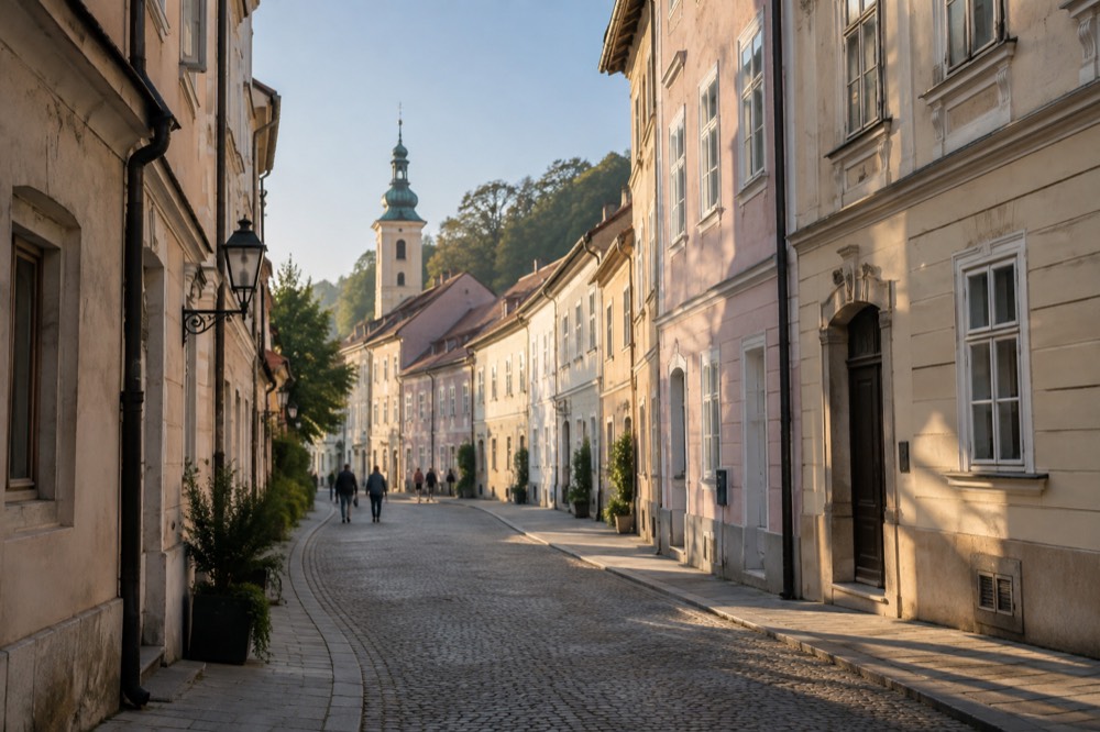 A narrow old town street with pastel coloured buildings and a church tower at the end