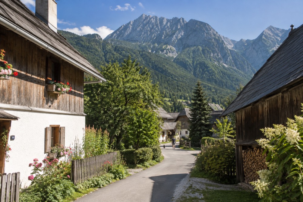 Wooden alpine houses with flower boxes under steep green mountains