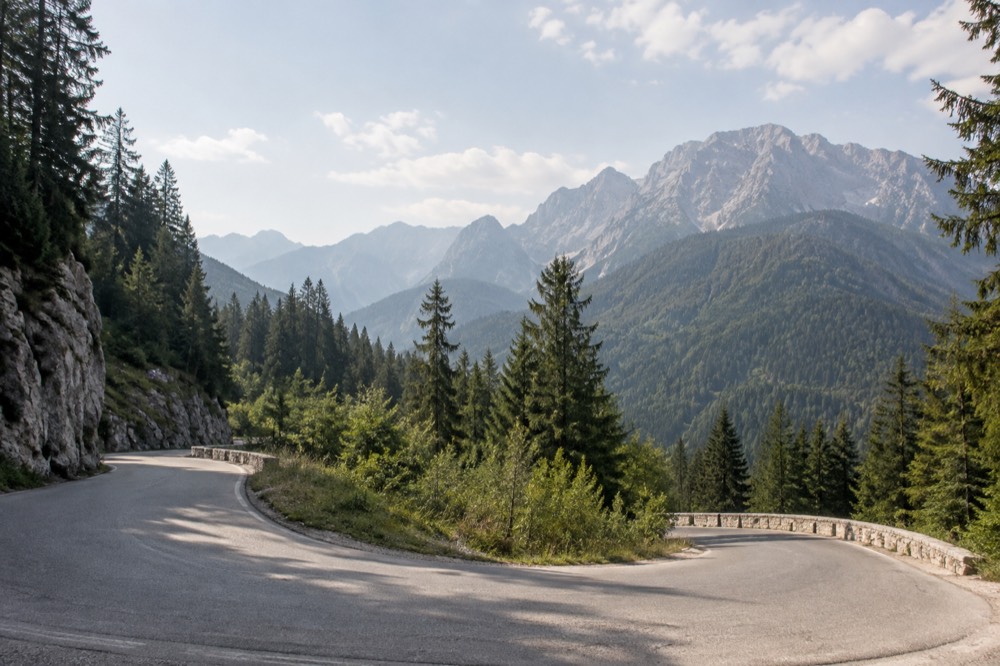 A mountain road with hairpin bends climbing through pine forest toward a rocky pass