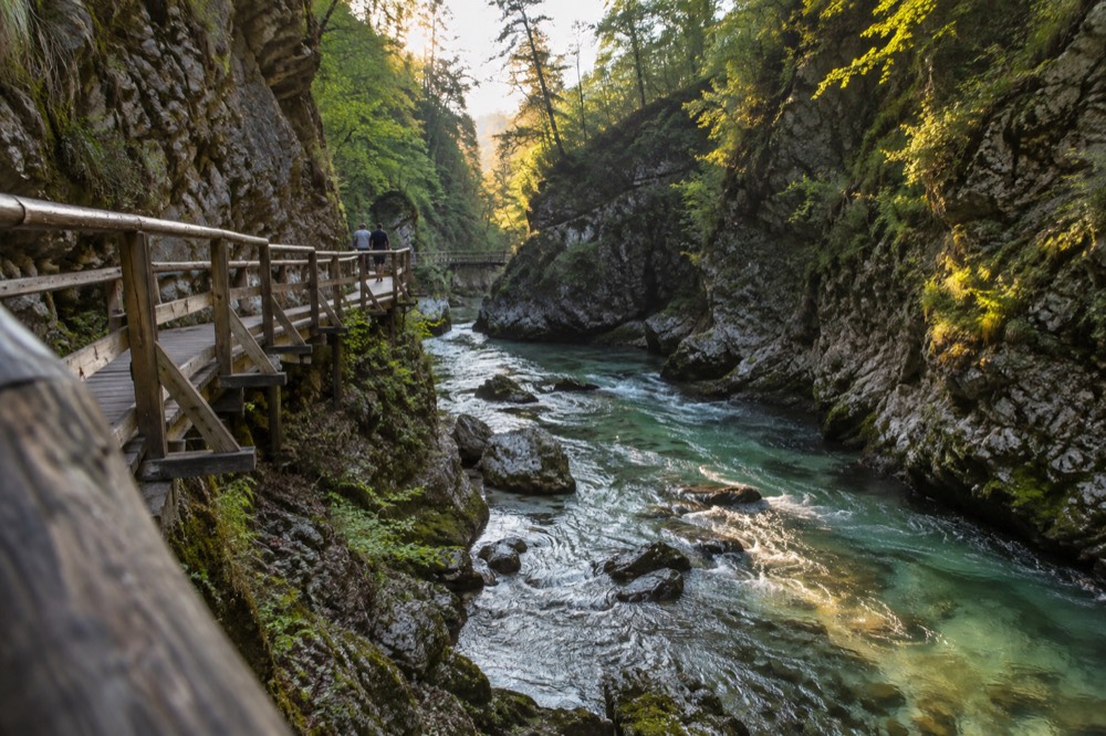 Clear green water of Vintgar Gorge with wooden walkways along the rock walls