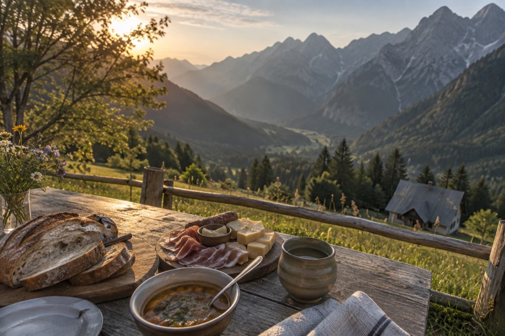 A rustic wooden farmhouse table set with bread, cheese, cured meat and a bowl of soup