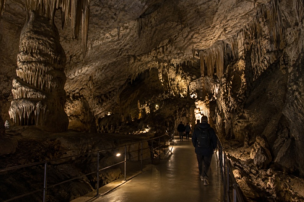 Visitors' walkway inside a cool cave chamber with railings and soft lighting
