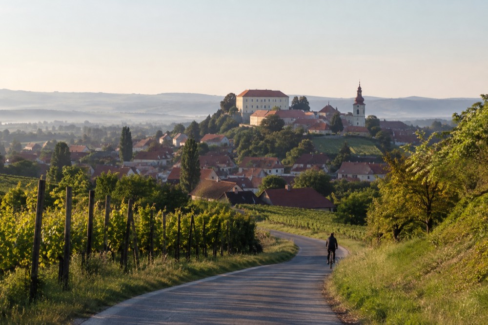 A country road winding through green vineyards towards a small town on a hill