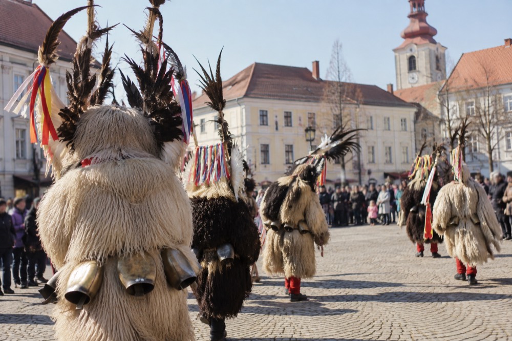 Costumed figures with tall feathered masks parading through a town square