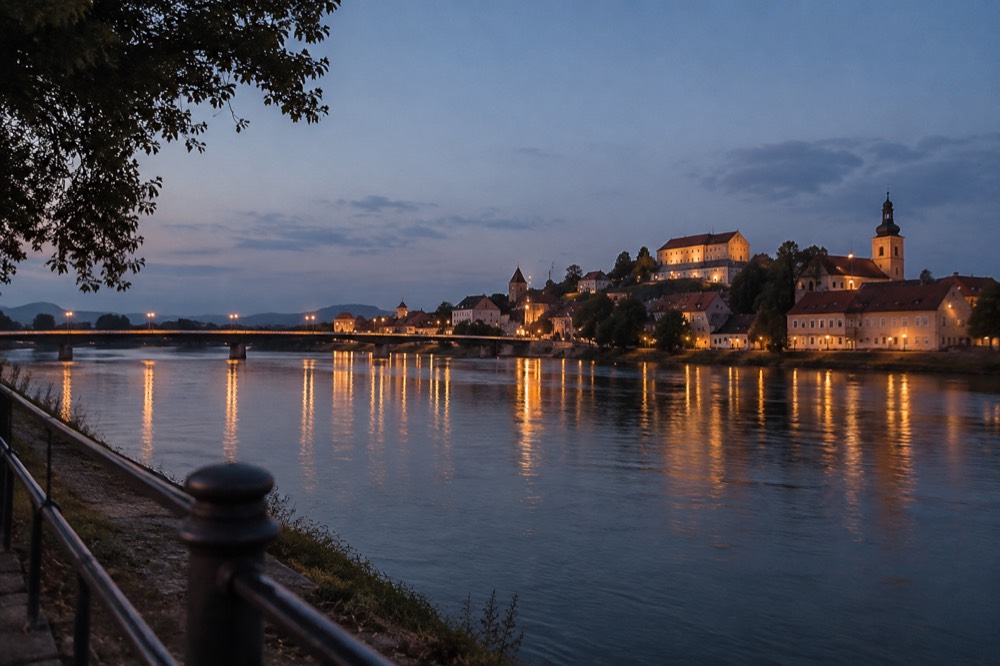 A wide river bend at dusk with a lit bridge and a town glowing on the far bank