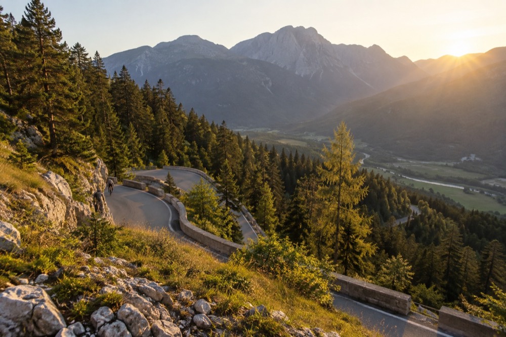 A mountain road with tight hairpin bends climbing through pine forest toward a high pass