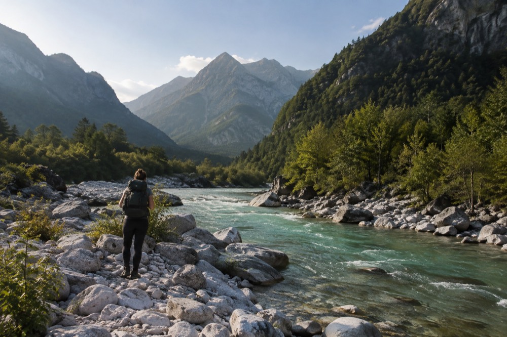 A hiker standing on a gravel riverbank looking at pale green water flowing between steep hills