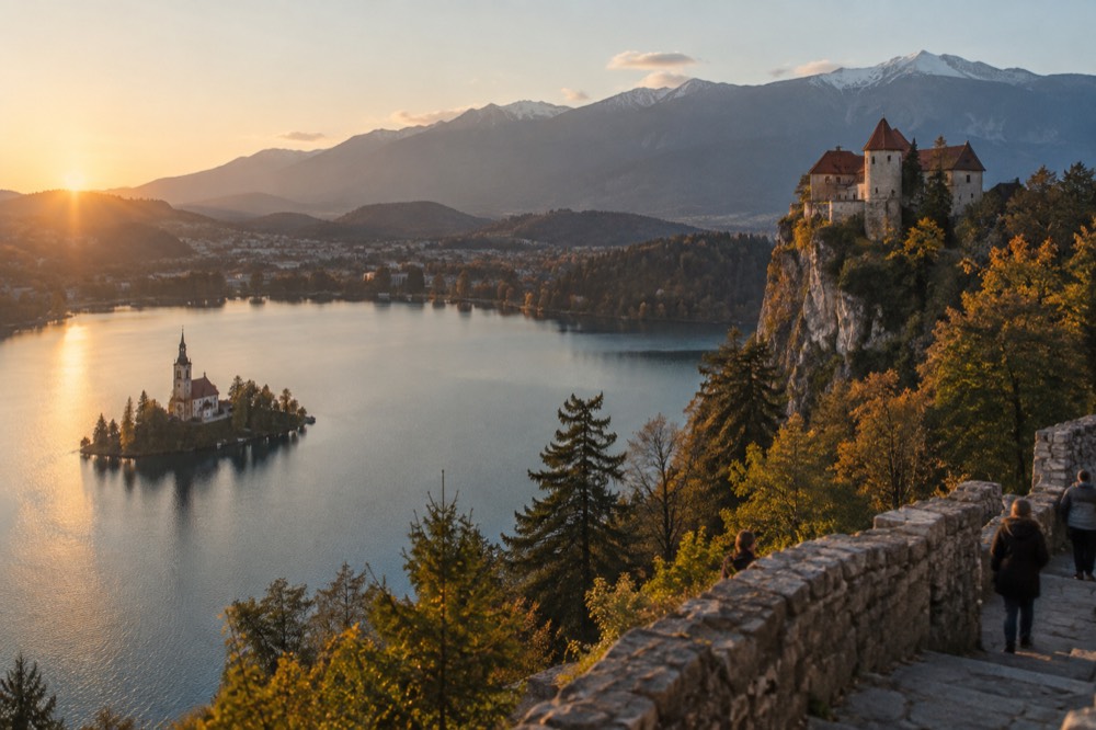 A lake with an island church and a clifftop castle under alpine mountains