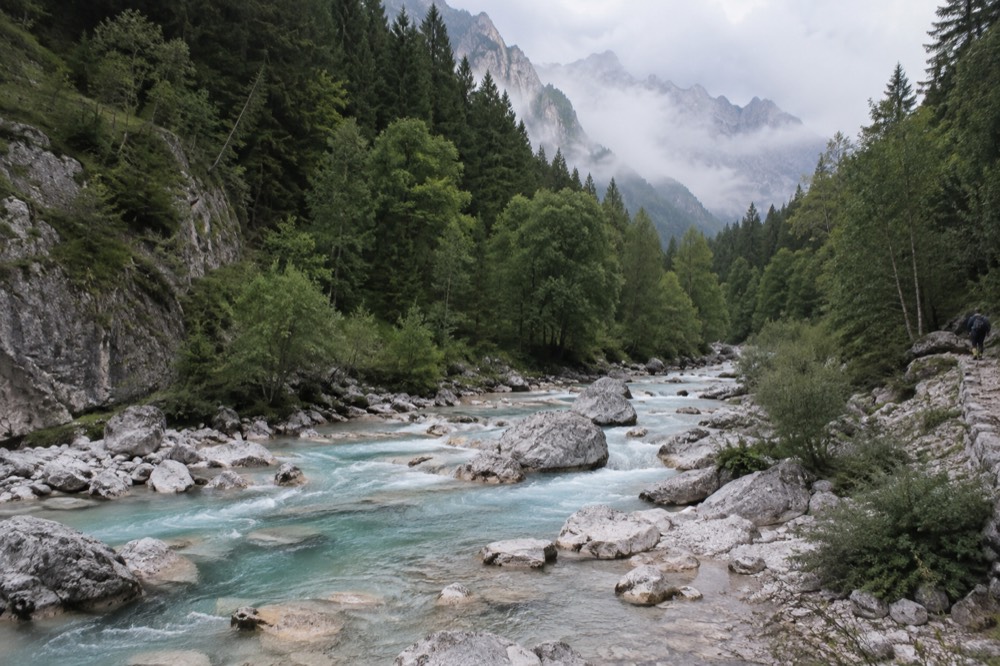 A turquoise alpine river flowing over smooth pale stones between steep green forested slopes