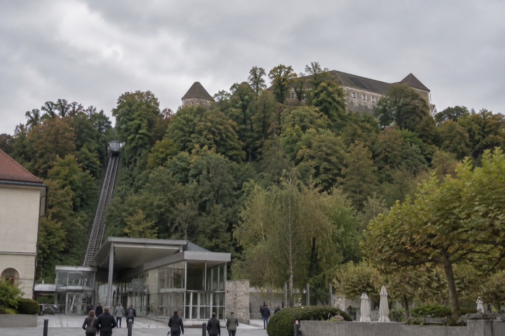 The Ljubljana Castle funicular station at the foot of the castle hill