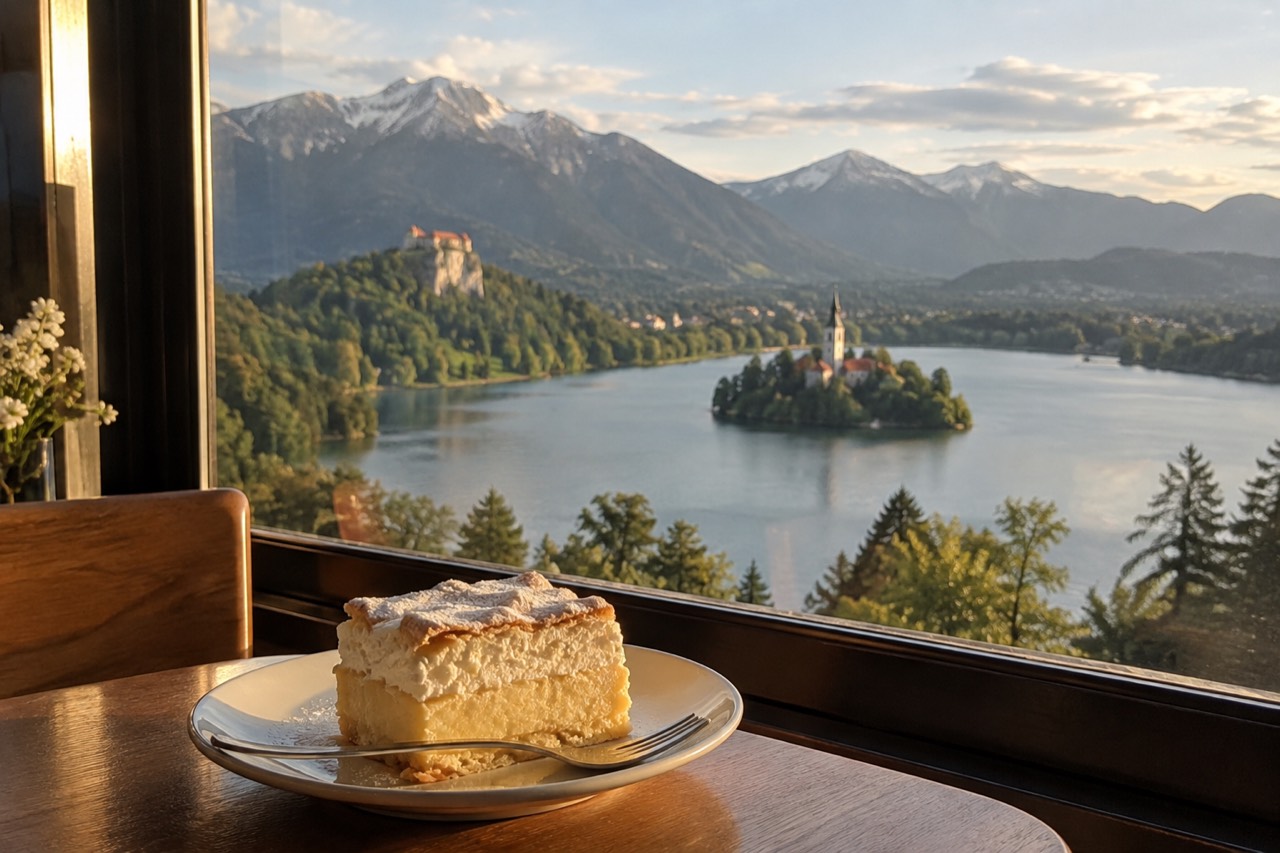 A slice of cream cake on a plate beside a window overlooking a lake and a castle on a cliff