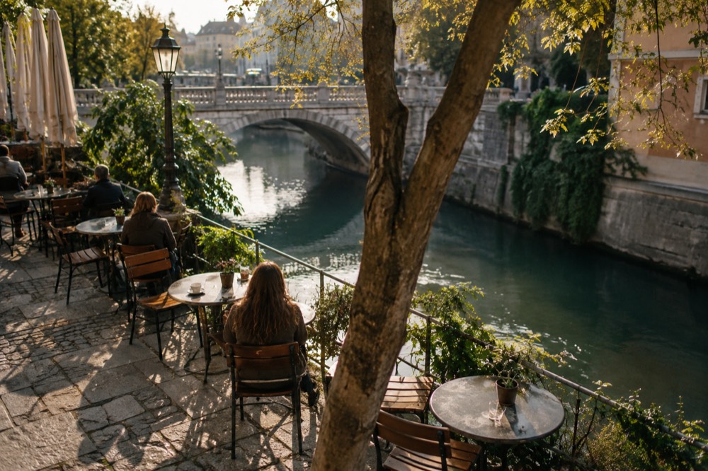 Café terrace with small round tables beside the Ljubljanica river in morning light
