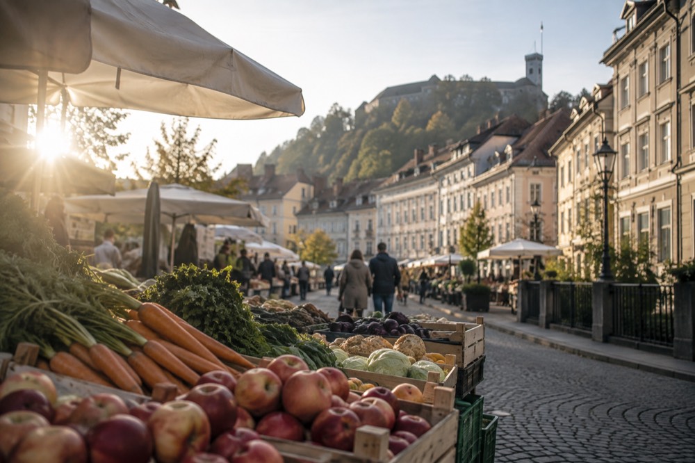 Market stalls with crates of fruit and vegetables under white awnings in the morning