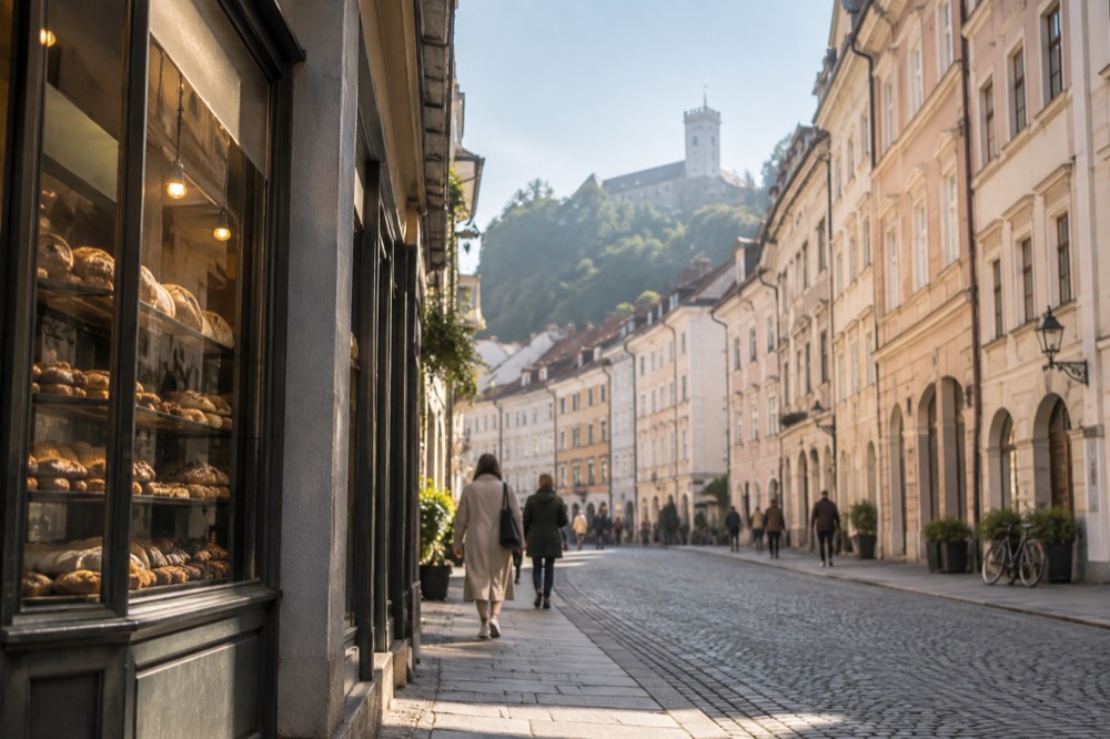 Morning street in Ljubljana with bakery window and people walking with coffee
