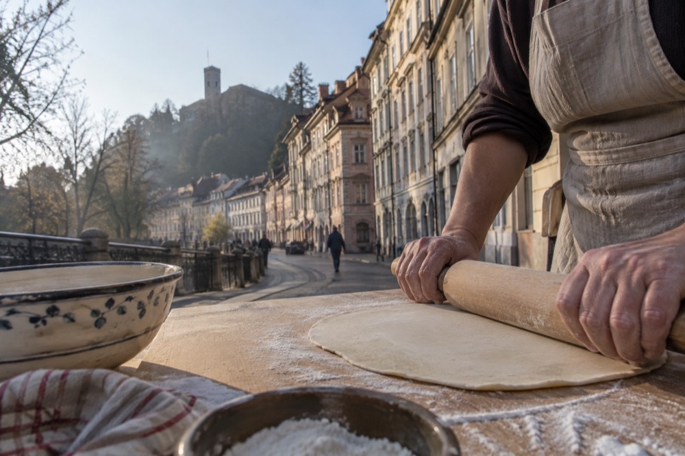 Rolling dough for a traditional Slovenian pastry on a floured wooden board