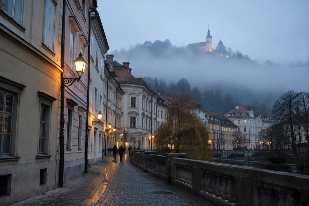 Morning fog filling a valley with a hilltop church above the mist