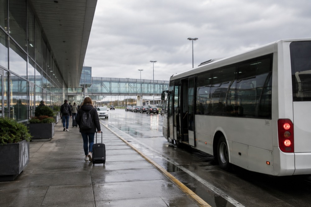 A shuttle bus parked at an airport terminal kerb with the terminal building behind it