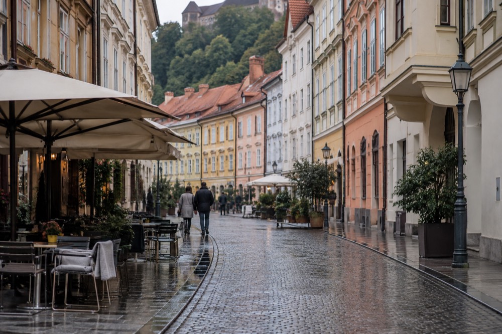 Colourful facades and café tables on a street in central Ljubljana