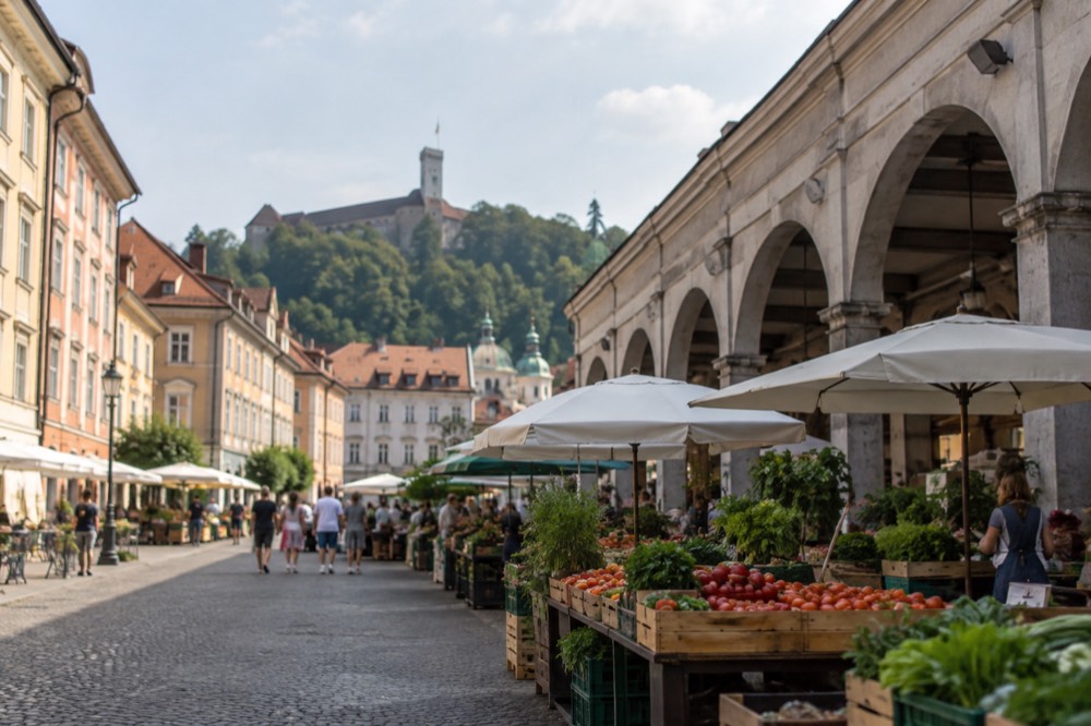 Open air market stalls with produce in front of a colonnade in Ljubljana