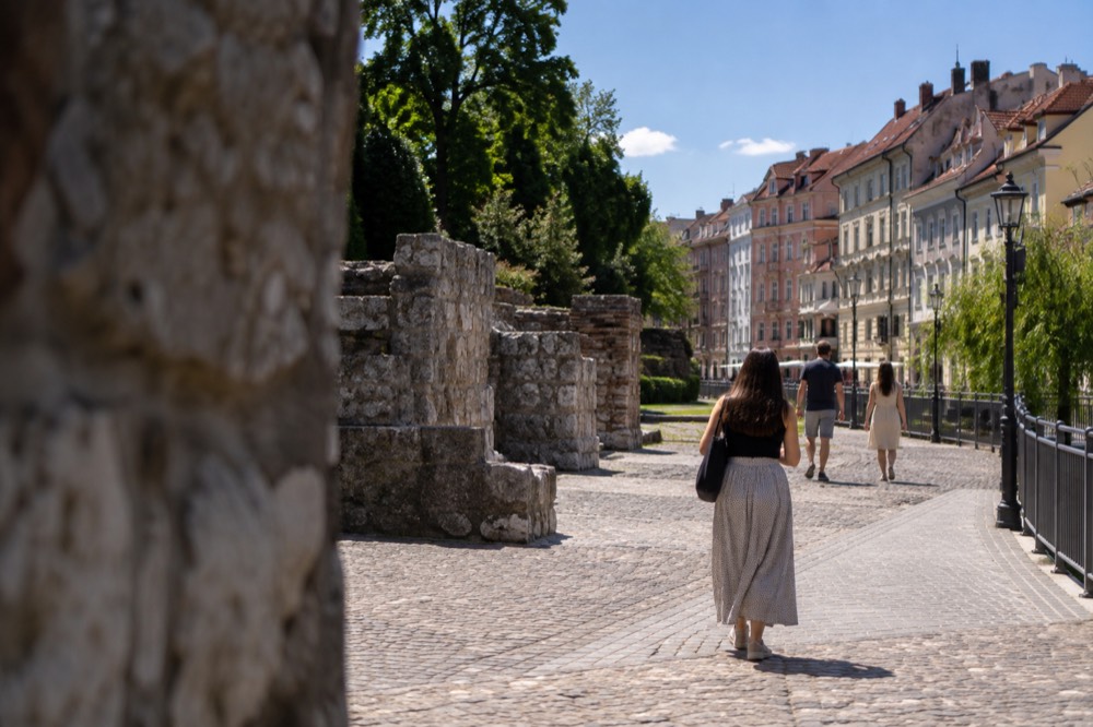 Ancient Roman wall remains beside a park in central Ljubljana