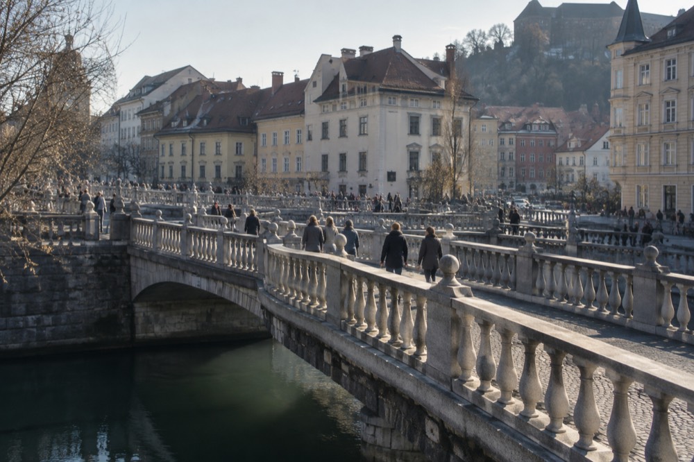 Triple Bridge crossings over the Ljubljanica with the old town behind