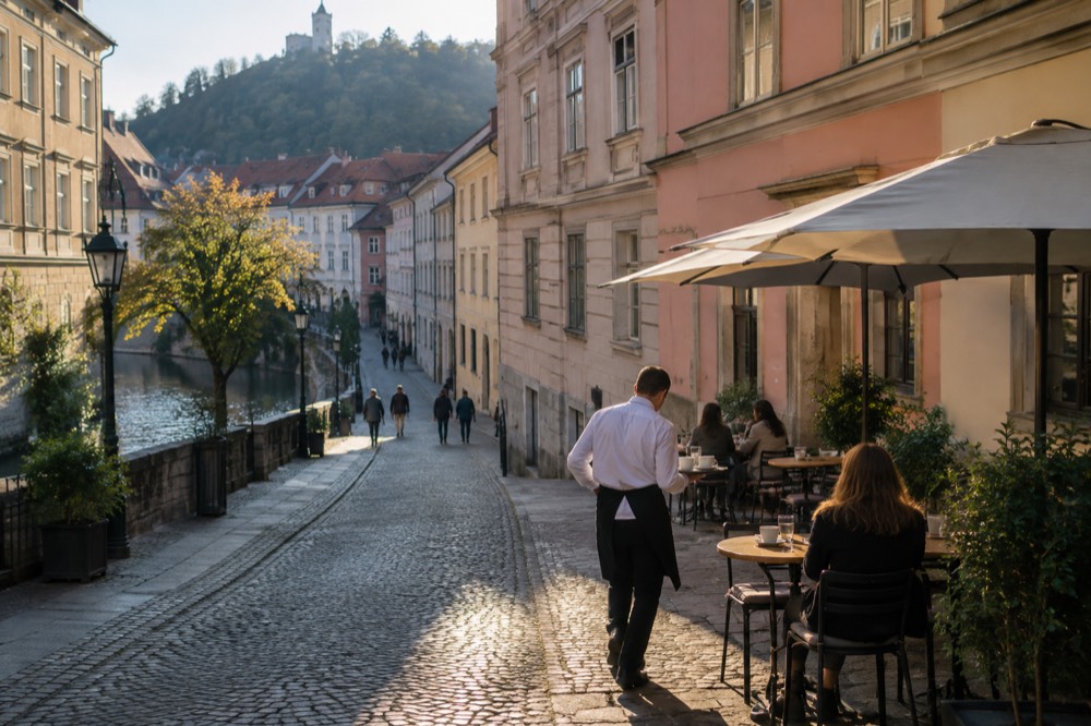 Waiter carrying coffee to a table outside a café on a cobbled street