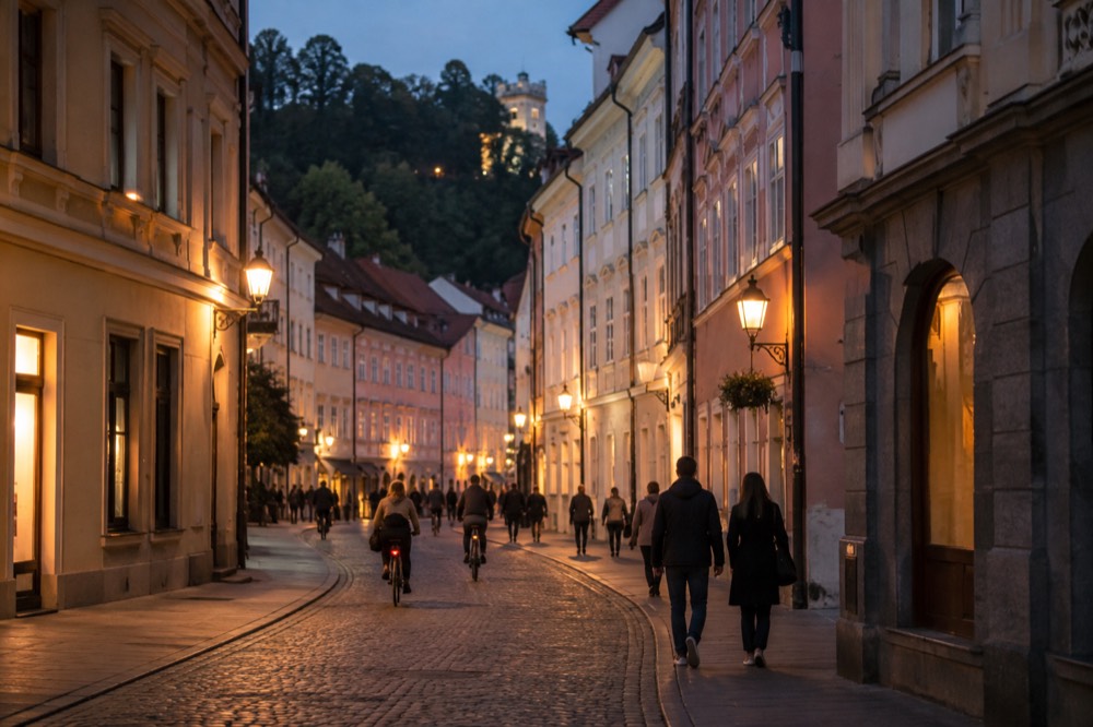 Ljubljana old town street with cyclists and pedestrians in evening light