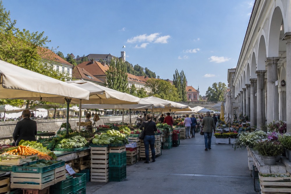 Market stalls and shoppers at the Ljubljana Central Market