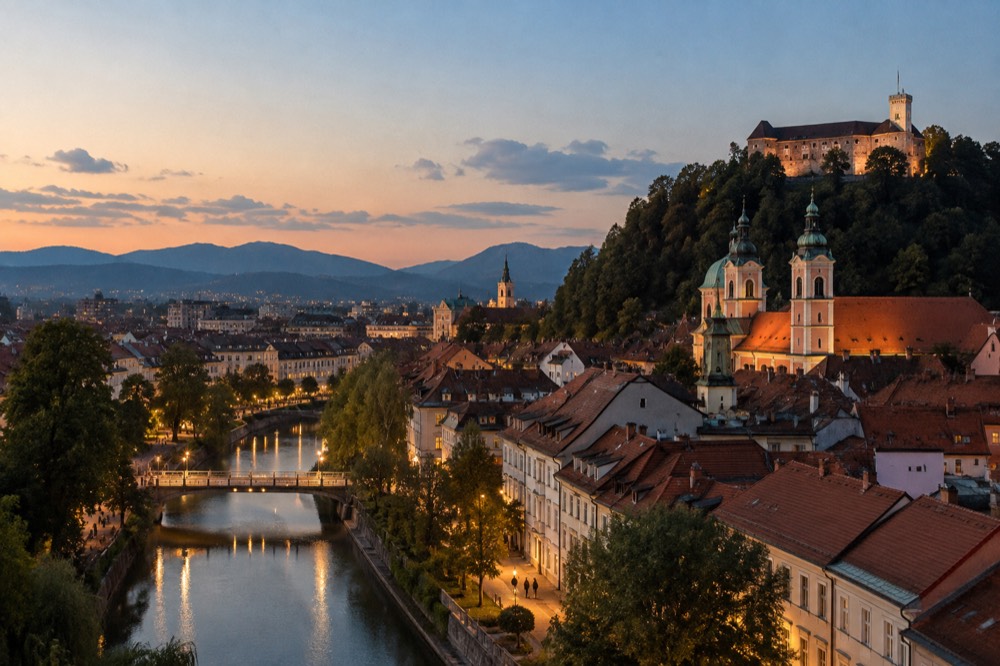 A panoramic view over red rooftops and church towers toward hills on the horizon in soft evening light.