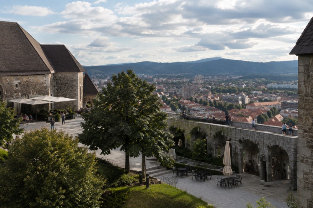 Ljubljana Castle on its hill above the red rooftops of the old city