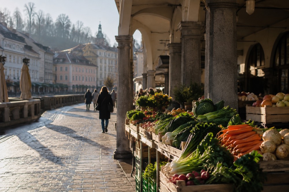 An outdoor food market stall with fresh produce under a covered arcade