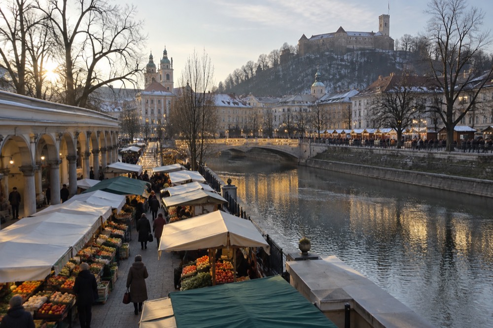 A lit bridge over a river with festive stalls along the far bank and a hilltop castle above