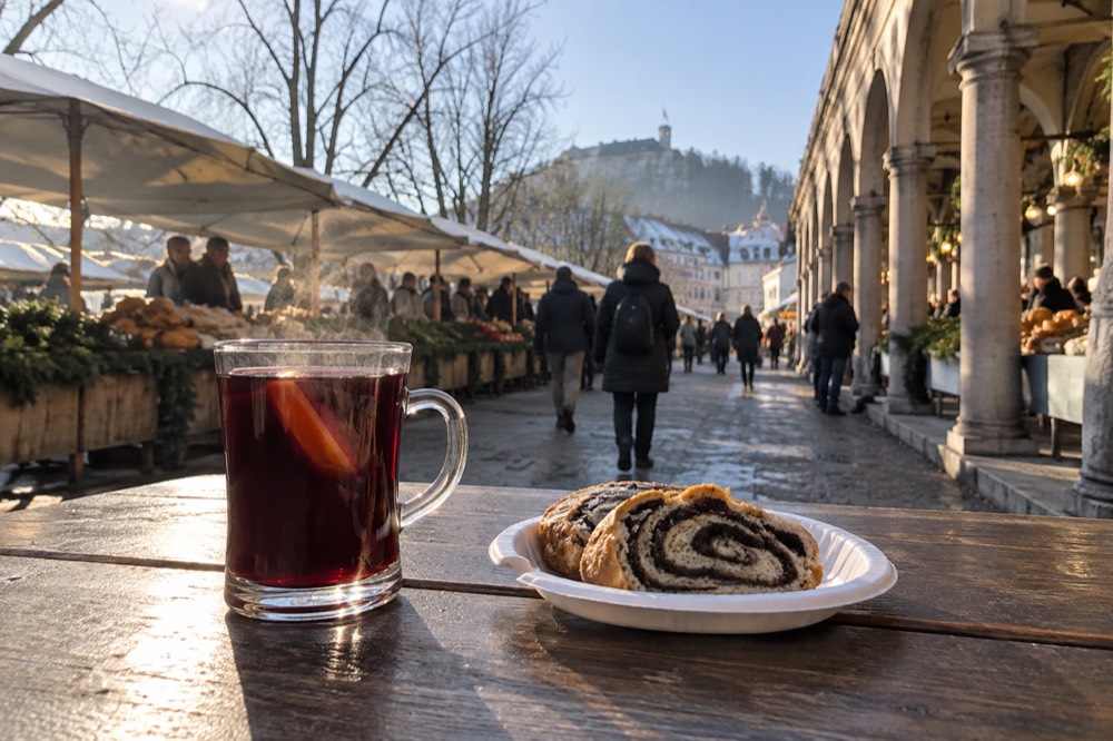 A table with a glass of mulled wine and a plate of sliced rolled pastry at a festive market