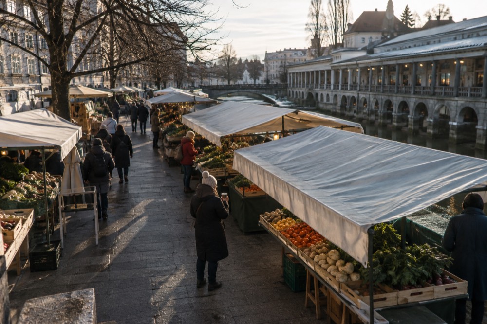 A visitor in a winter coat holding a warm drink beside a lit stall in a city square