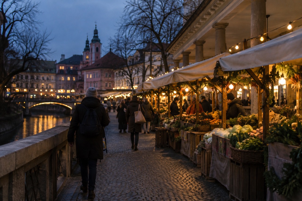 Festive wooden stalls and strings of lights above a riverside square in the old centre of Ljubljana at dusk