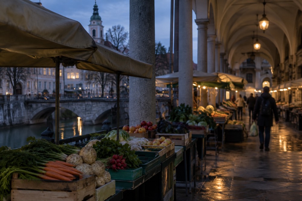 Market stalls with fruit and vegetables under the colonnade of Ljubljana Central Market