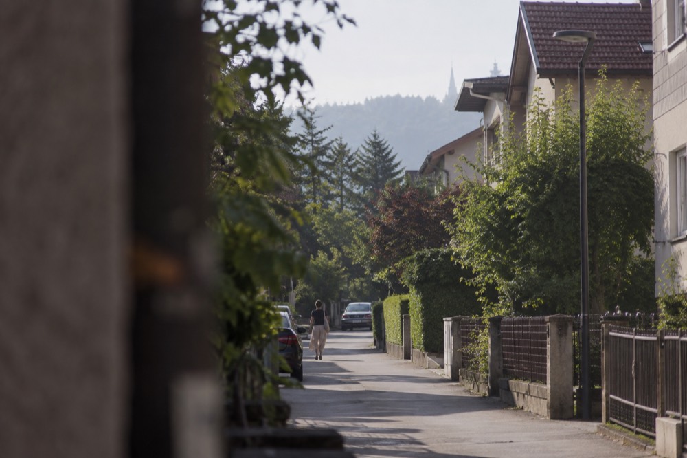 A quiet residential street of townhouses in the Trnovo district south of Ljubljana city centre