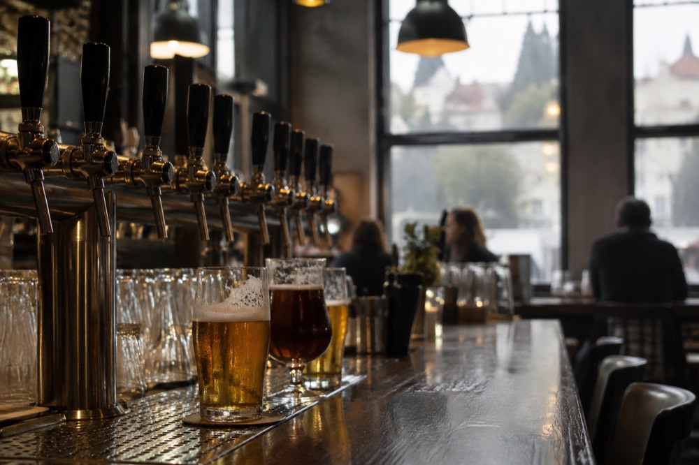 Craft beer taps and glasses arranged on a bar counter in a dimly lit Ljubljana pub