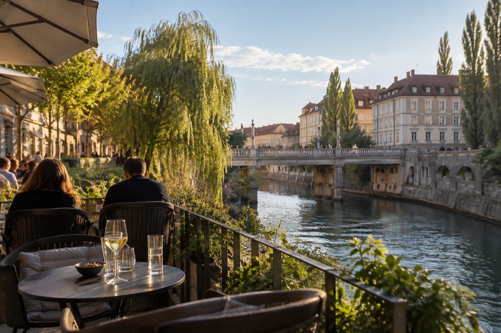 Riverside terrace tables with drinks beside the Ljubljanica at golden hour