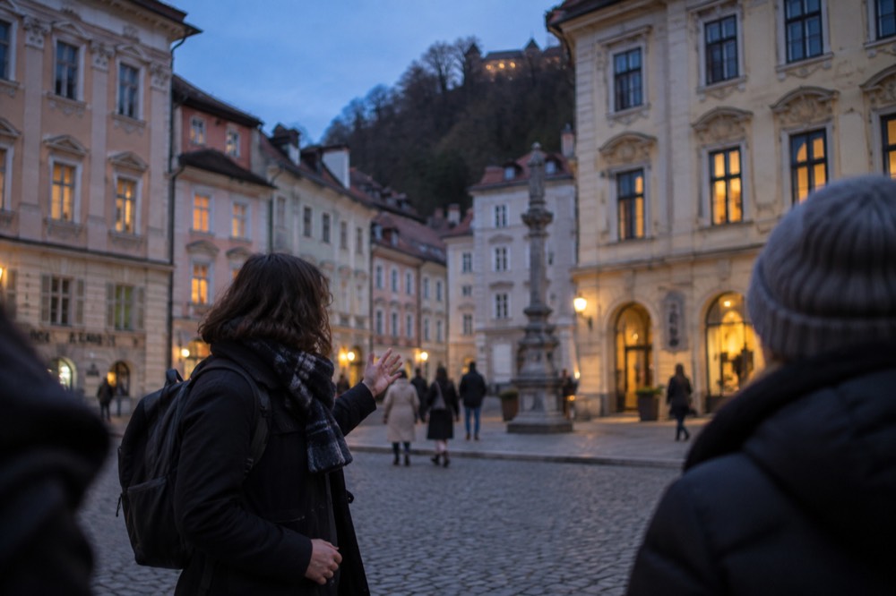 A guide gesturing beside a cobbled square of old town buildings in the evening