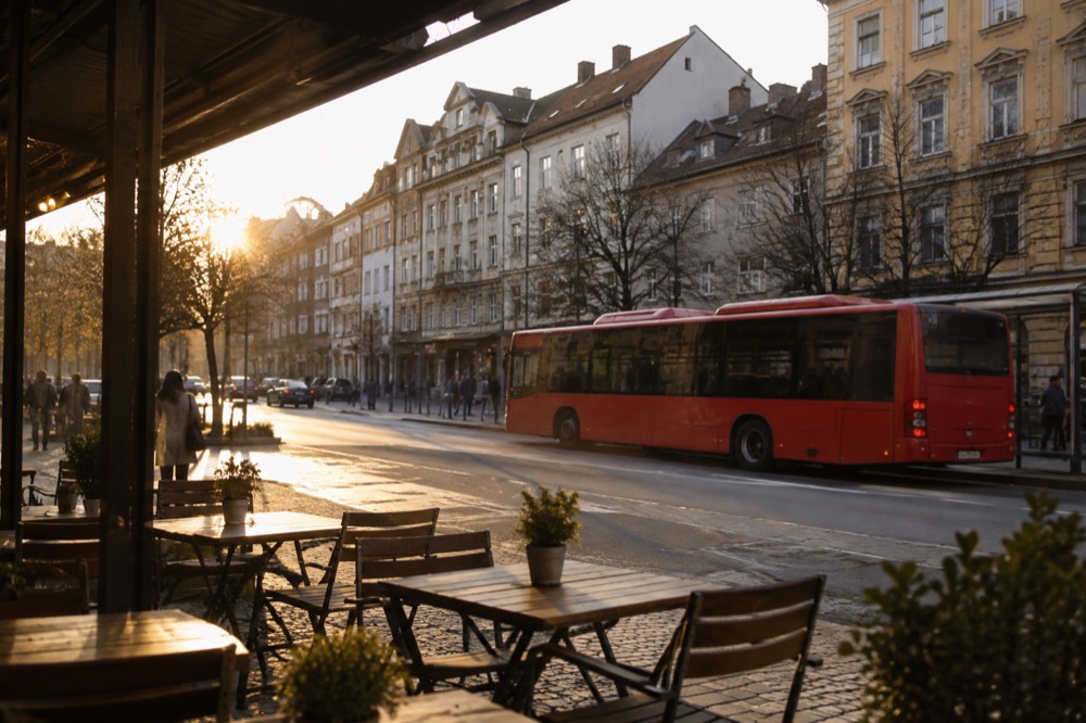 A red city bus at a stop on a wide street with old buildings behind